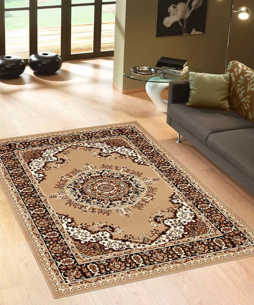 Tappeto P4480 beige cm.280x570 disegno persiano medaglione tradizionale, economico resistente facile da pulire