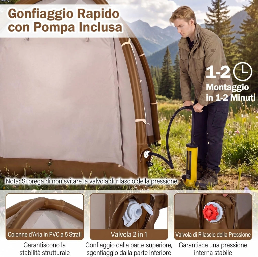 Tenda da Campeggio Gonfiabile per 4 Persone, Tenda da Spiaggia con Poma, 2 Porte, Lucernario e Finestre, in Tessuto Impermeabile, con Copertura Rimovibile e Borsa, 208 x 208 x 196 cm