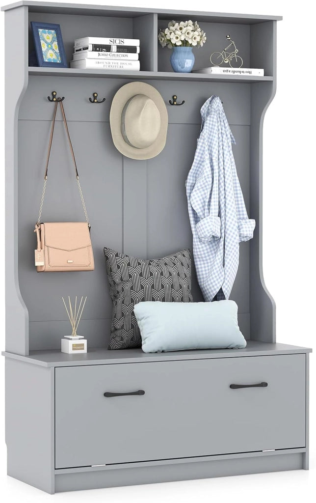 Armadio con Appendiabiti Multifunzionale, con Panca 5 Ganci Doppi, Organizzatore di Casa Indipendente per Ingresso Camera da Letto, 100x39x160 cm (Bianco)