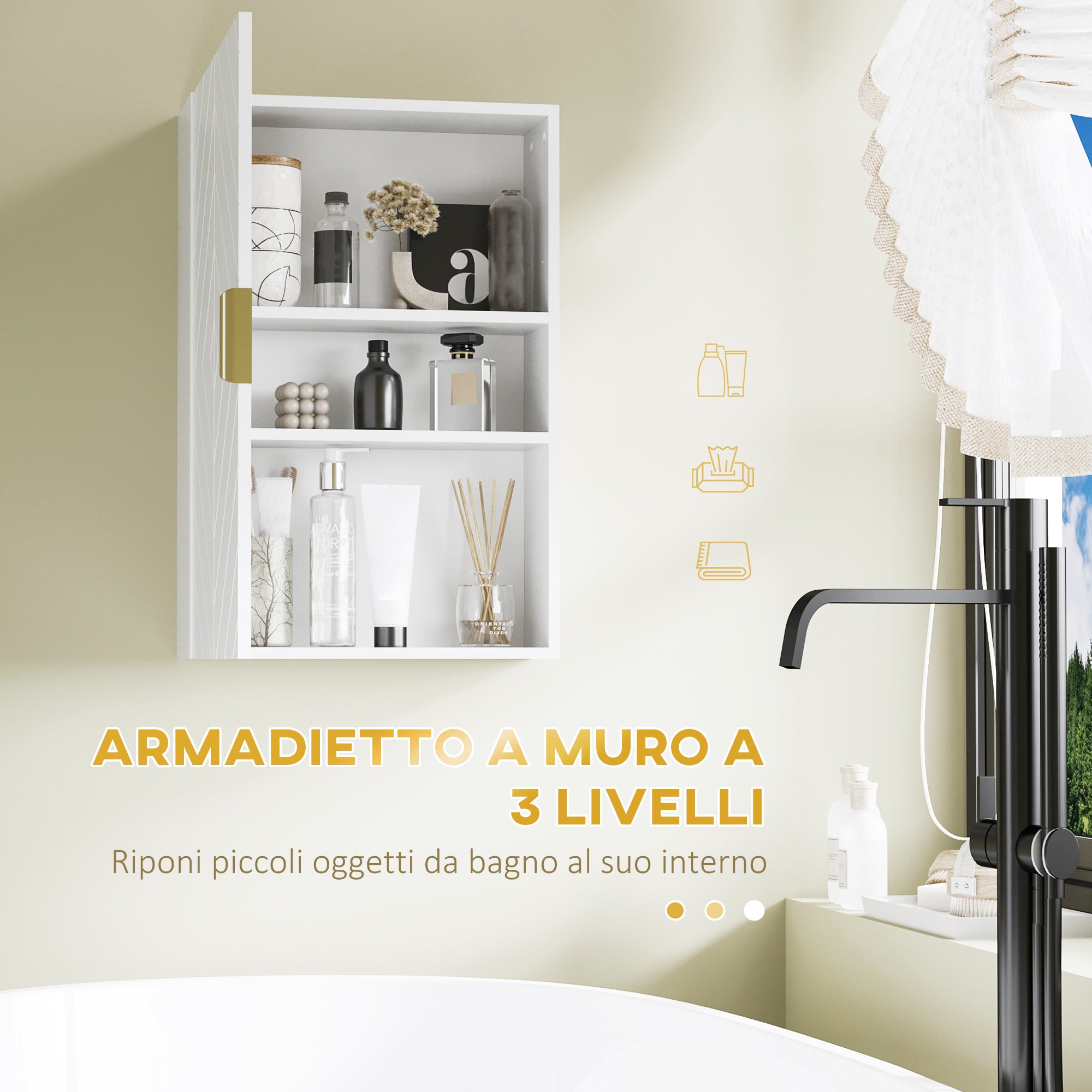 Pensile Mobile Bagno Sospeso con Anta Decorata 40x15x60 cm in MDF Bianco