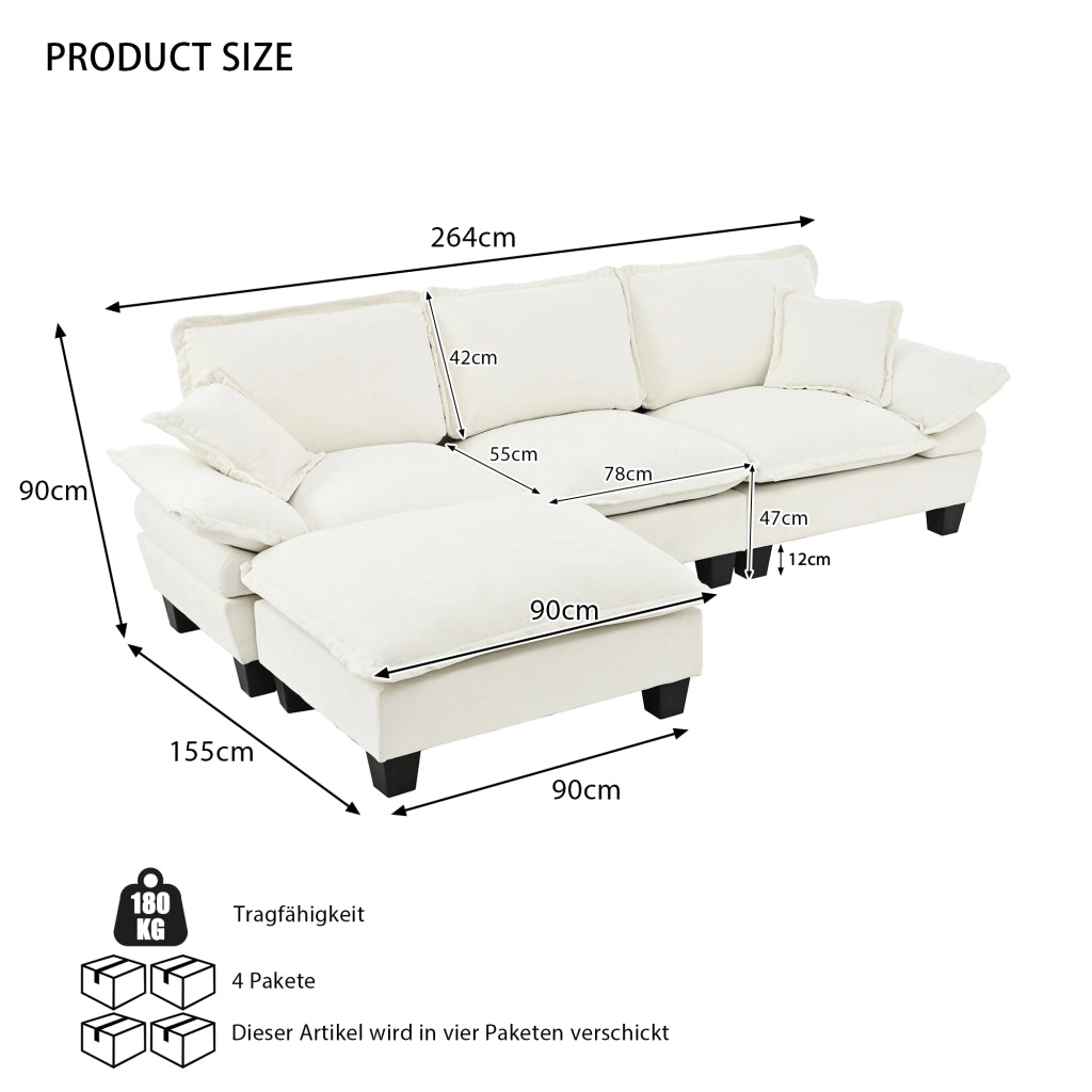 Divano angolare modulare a nuvola con pouf mobile e 2 cuscini in ciniglia beige per soggiorno 263 × 151 × 90 cm