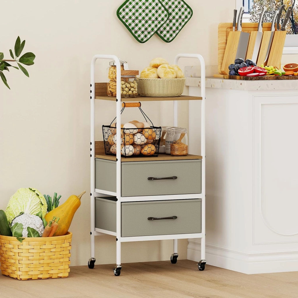 Carrello Mobile con Rotelle, Supporto per Stampante con 2 Ripiani Aperti e 2 Cassetti in Tessuto, Organizer Multiuso con 4 Ruote per Camera da Letto, Ufficio e Cucina
