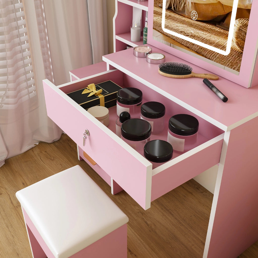 Tocador con specchio LED, 4 cassetti, 3 modalità luce, MDF, rosa
