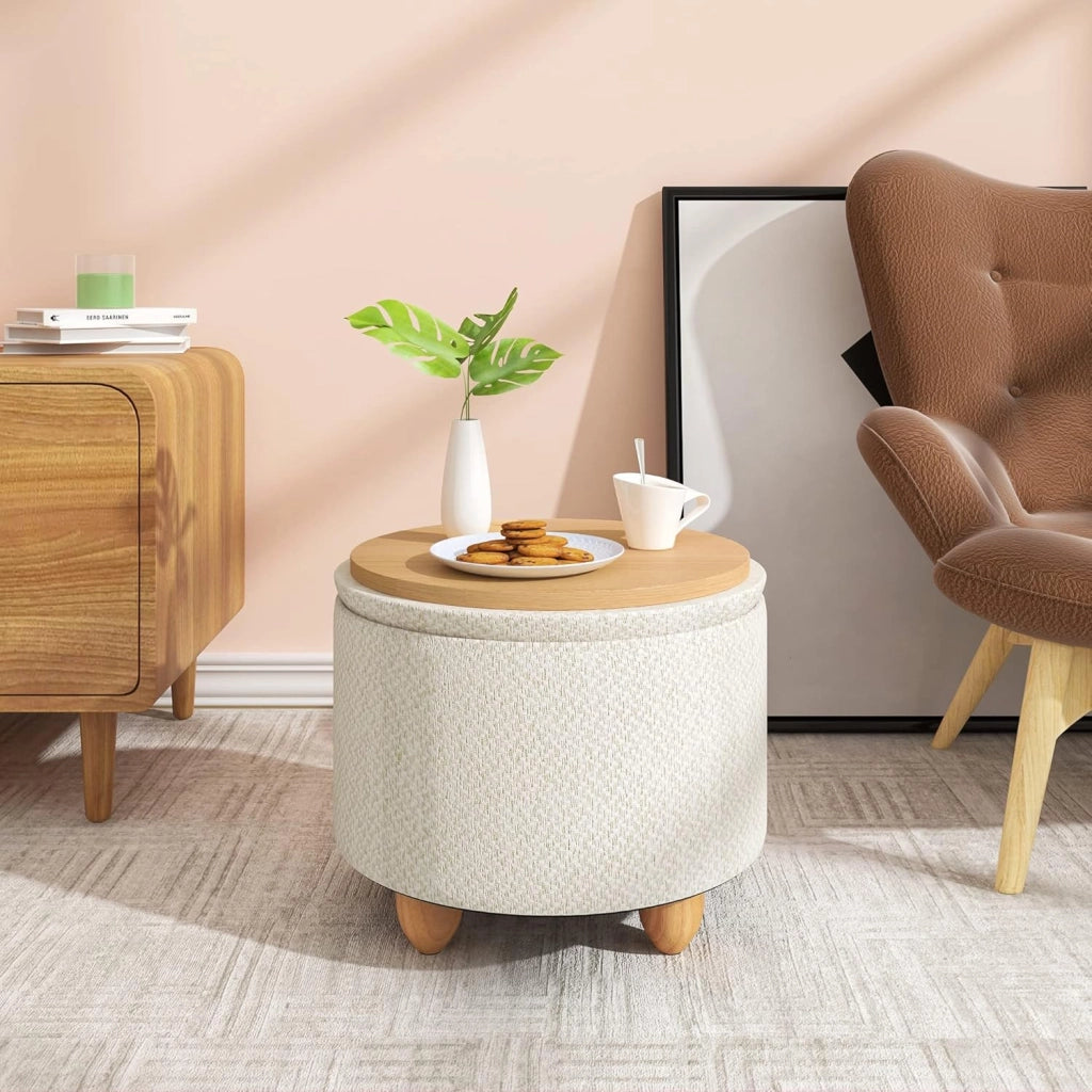 Pouf Contenitore con Coperchio, Pouf Poggiapiedi in Lino Grosso, Sgabello Tondo Salvaspazio con Gambe in Legno di Pino per Soggiorno, Corriodio, Camera, Ø 39x33 cm, Beige