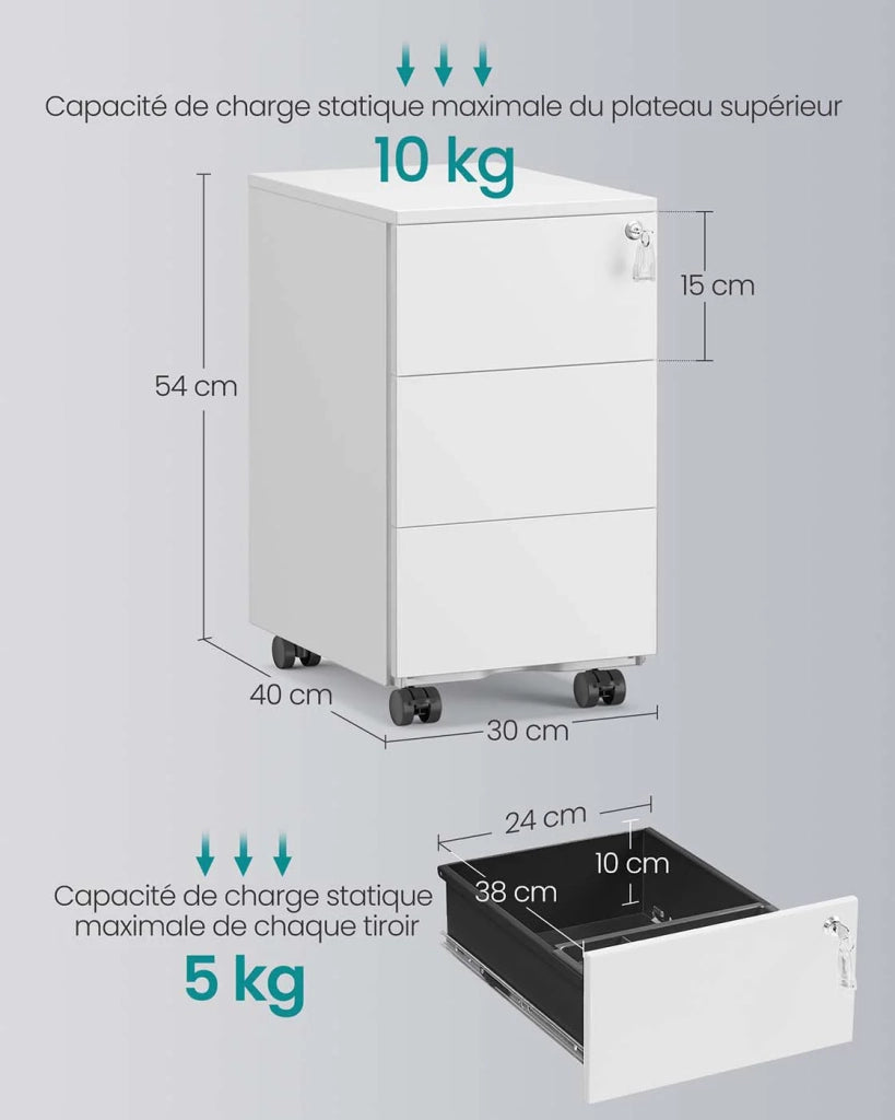 Cassettiera mobile per ufficio con serratura e 3 cassetti 39 x 45 x 55 cm contenitore preassemblato per documenti e cancelleria per ufficio o home office bianco 12_0004824