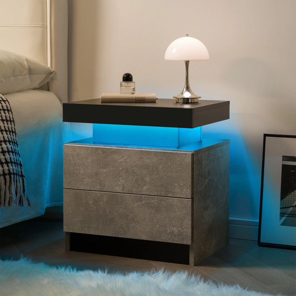 Comodino con LED multicolore, 2 cassetti e vano aperto, per camera da letto, in legno ingegnerizzato, grigio