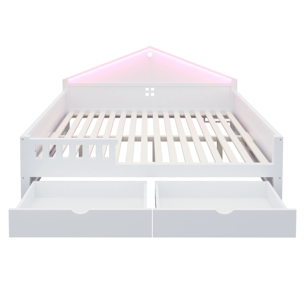 DESMIU Letto divano 2 posti con 2 cassetti e LED regolabile 140 × 200 cm, senza materasso, in legno massello e MDF, bianco