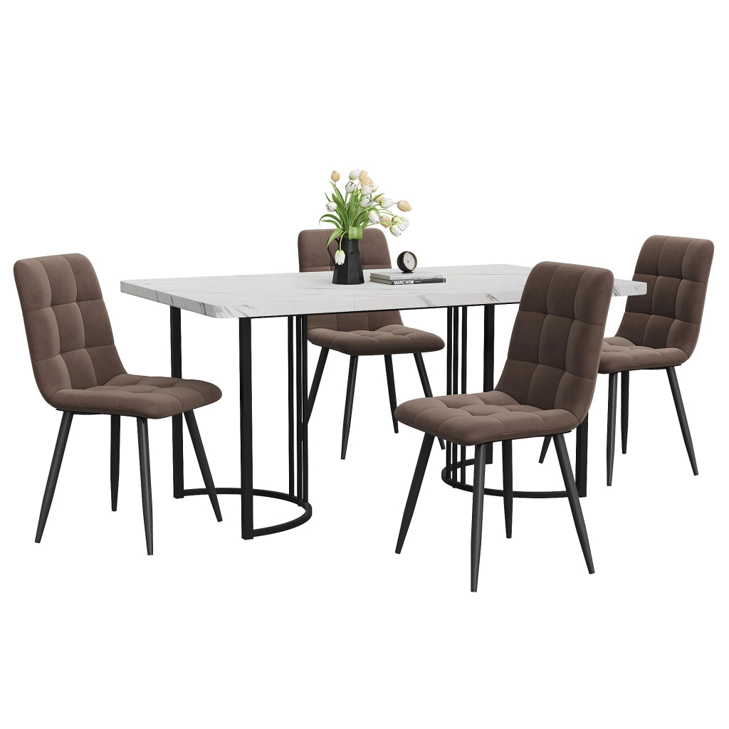 Tavolo da pranzo con 4 sedie in velluto, piano in MDF effetto marmo, per cucina e sala da pranzo, 140 × 80 cm