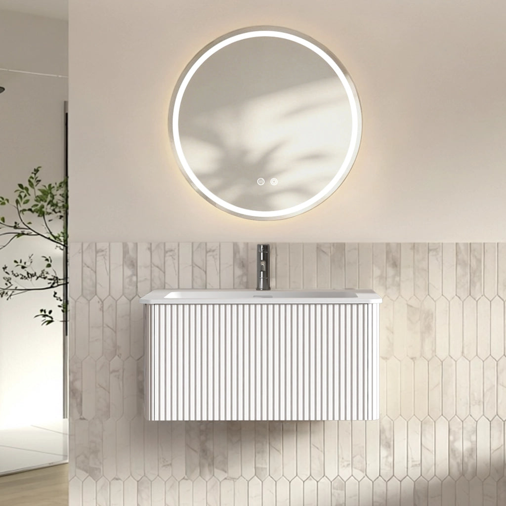 Mobile bagno con specchio sospeso con lavabo integrato; 1 cassetto e LED antiappannamento regolabile per bagno; bianco