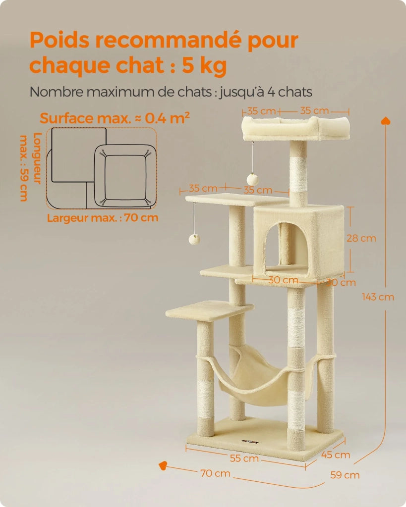 Albero per gatti con amaca e torre da gioco 143 cm beige 12_0003854