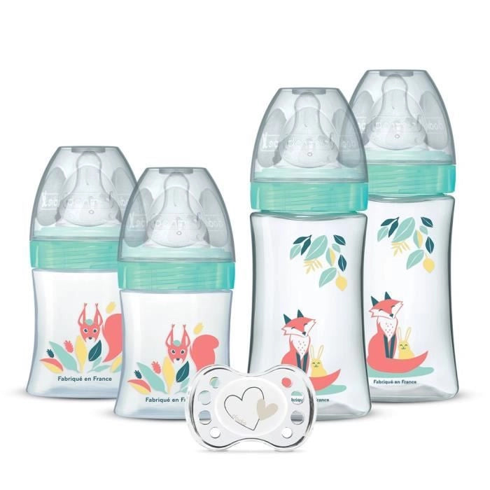 DODIE Set di 4 biberon con tettarella anticolica rotonda (2x150 ml e 2x270 ml), + un ciuccio per il parto