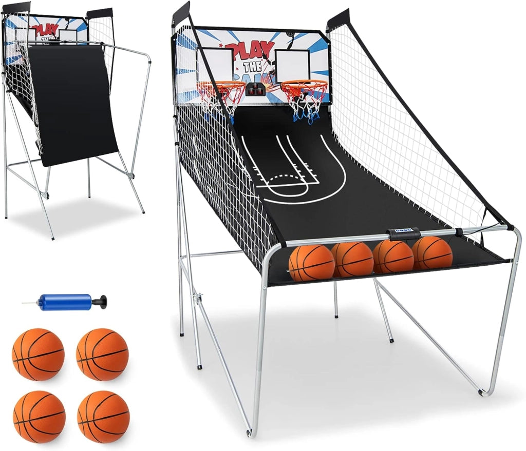 Macchina da Pallacanestro Elettronica, Canestro Basket da Camera a Doppio Tiro Pieghevole con Punteggio Elettronico, 4 Palle, 8 Modalità di Gioco e 2 Canestri (Grigio)