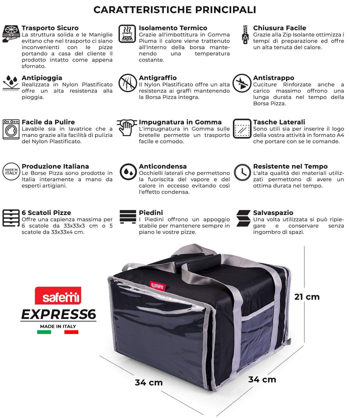 Borsa Termica Porta Pizze da Asporto 6 Cartoni Safemi Express 6 Nera