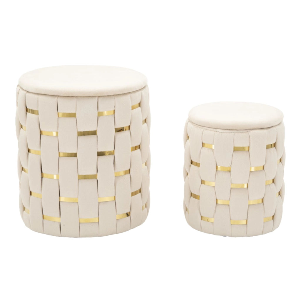 Set 2 pouf contenitore Shanty in velluto crema con fascia dorata O37x42 e O28x35 cm