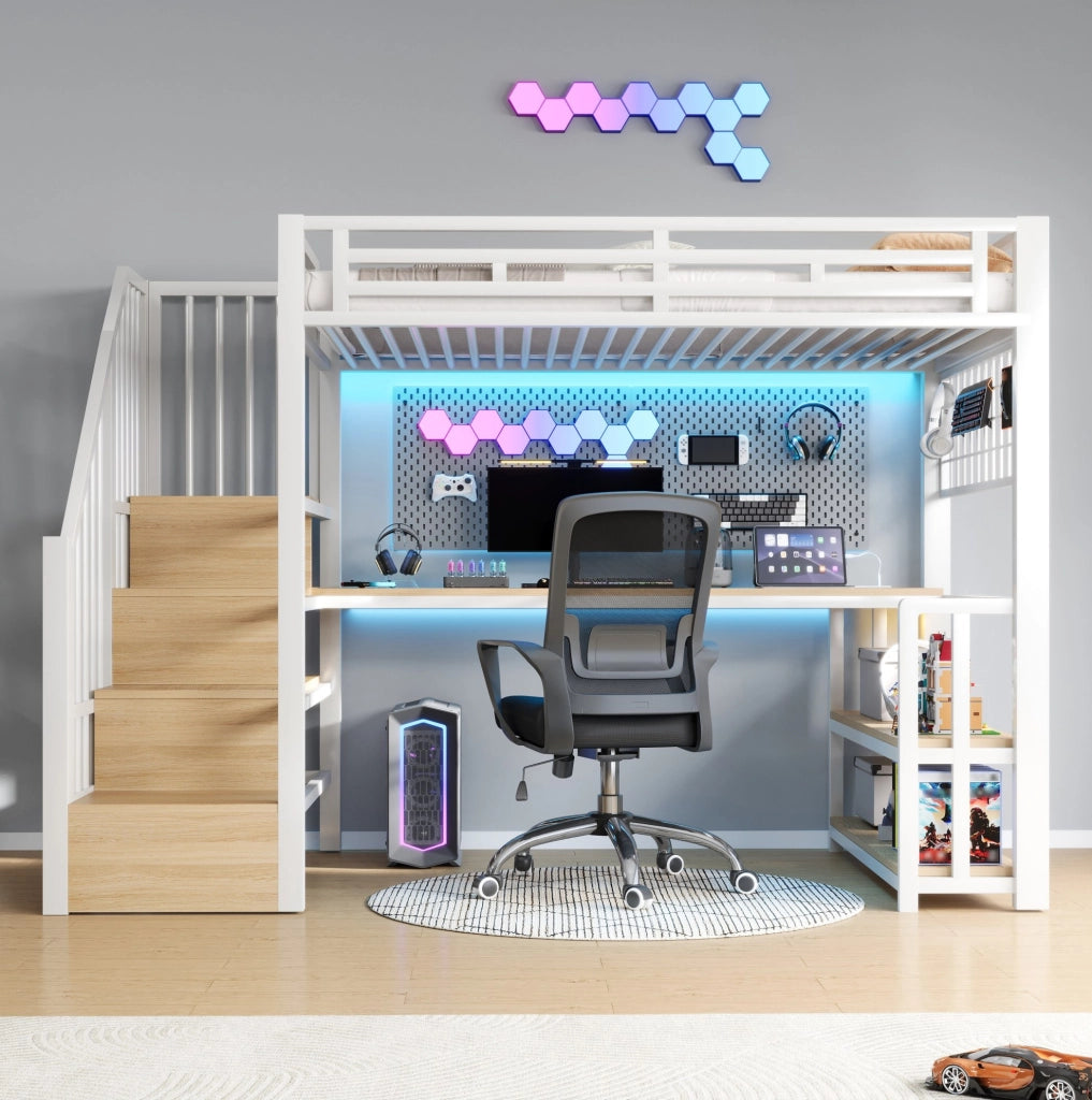 Letto a soppalco ULEVR 90x200 cm con scrivania, LED, ripiano, USB e porta Type-C, metallo e MDF bianco