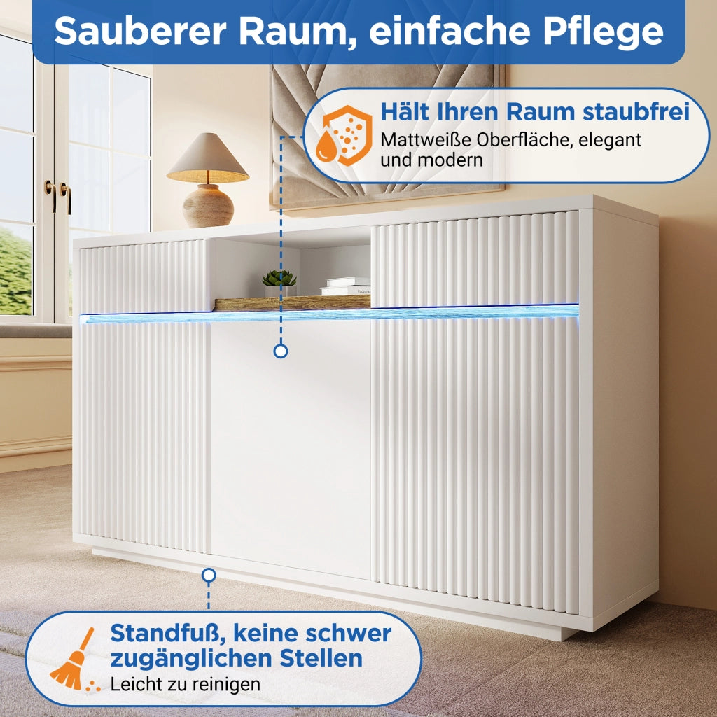 Credenza con LED 2 cassetti 3 ante e ripiani regolabili per soggiorno e ingresso bianca moderna 140 × 40 × 85 cm