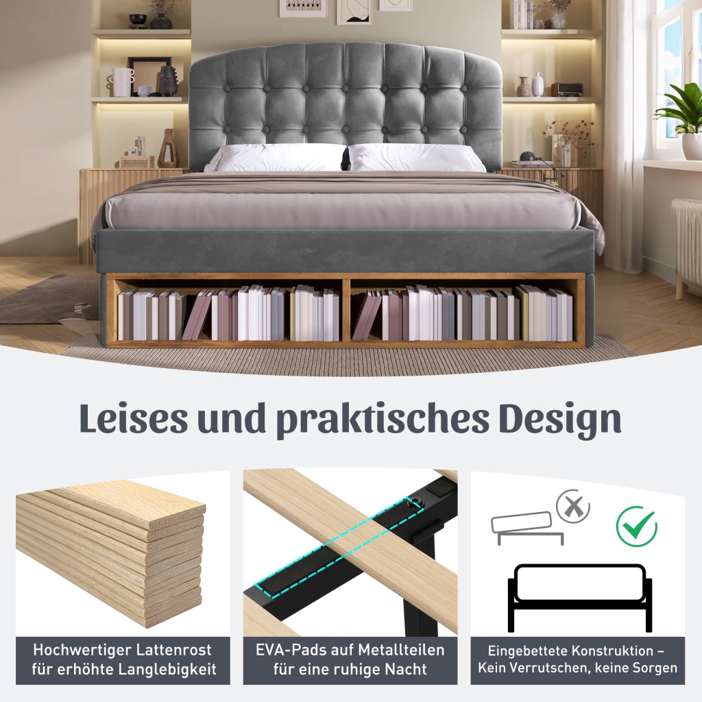 LETTO 140x190 cm Velluto Grigio con testiera regolabile e cassetti