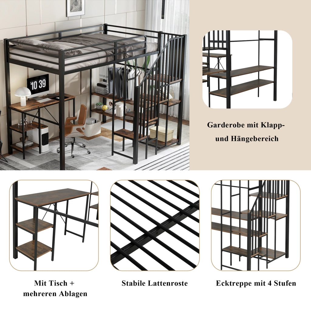 OKWISH Letto a soppalco 120×200 cm, Letto Singolo con Scala ad Angolo, Scrivania, Mensole e Armadio Aperto, senza Materasso, Nero