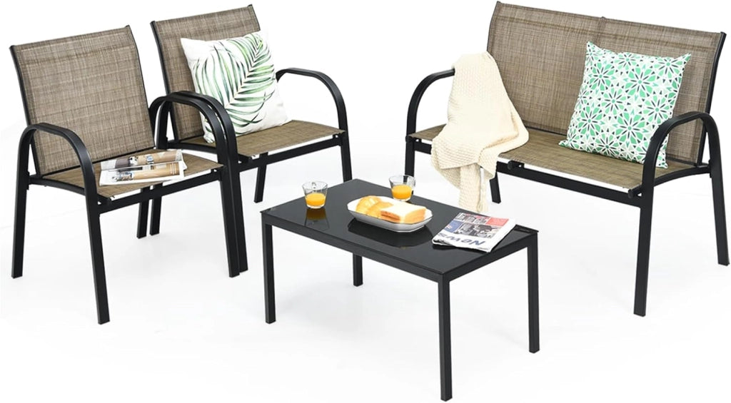 Set di 4 mobili da giardino per 4 persone, set da giardino con 2 sedie e 1 panca e 1 tavolino da caffè, set di mobili da terrazza per piscina, cortile (marrone), QF54737IBDE