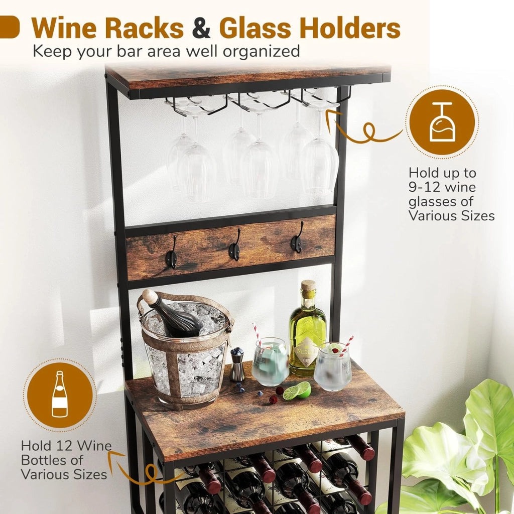 Scaffale da cucina con portabottiglie per 12 bottiglie, 3 ganci doppi e portabicchieri, 54 x 37 x 156 cm, organizer per sala da pranzo bar