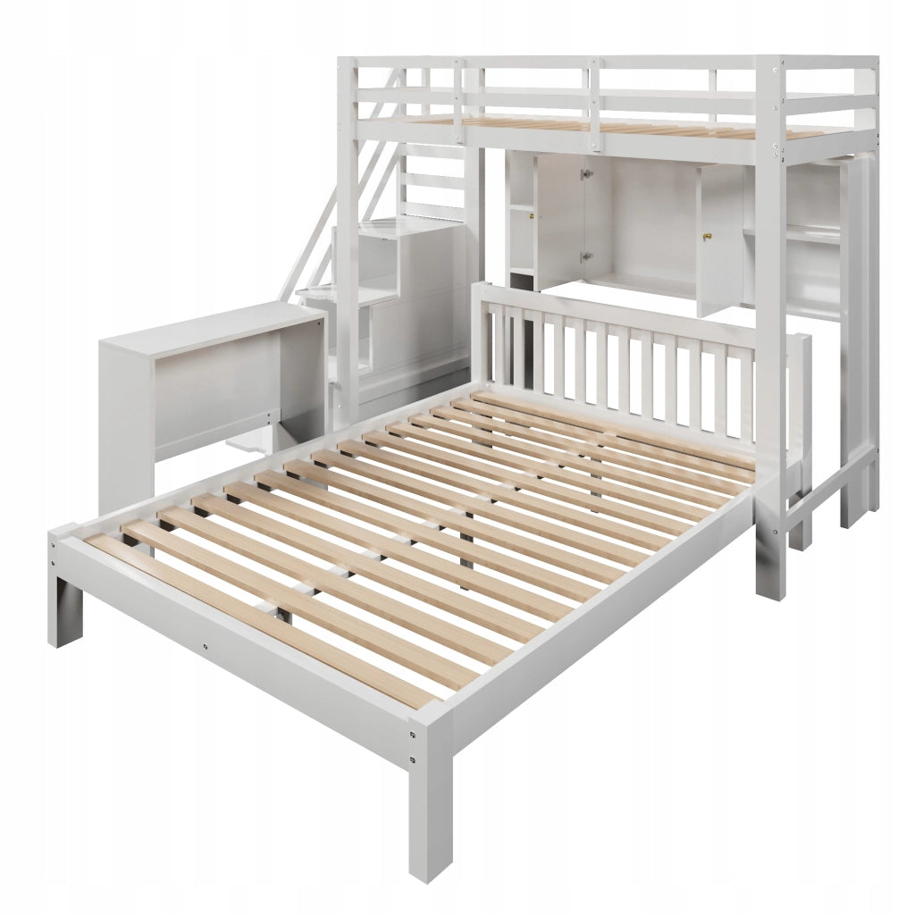 Letto a castello 90x200+140x200 - Xylo - Bianco, con mensola e ripostiglio