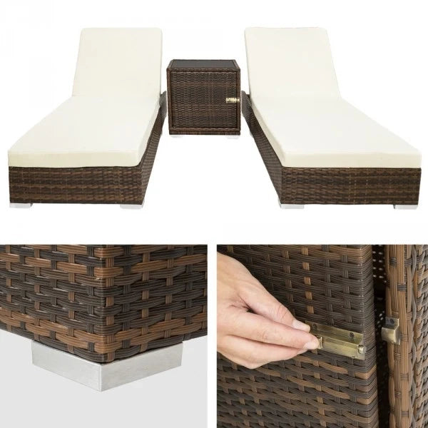 Set di due lettini prendisole in resina intrecciata polyrattan + tavolo + due set di fodere + telo protettivo marrone 08_0000504