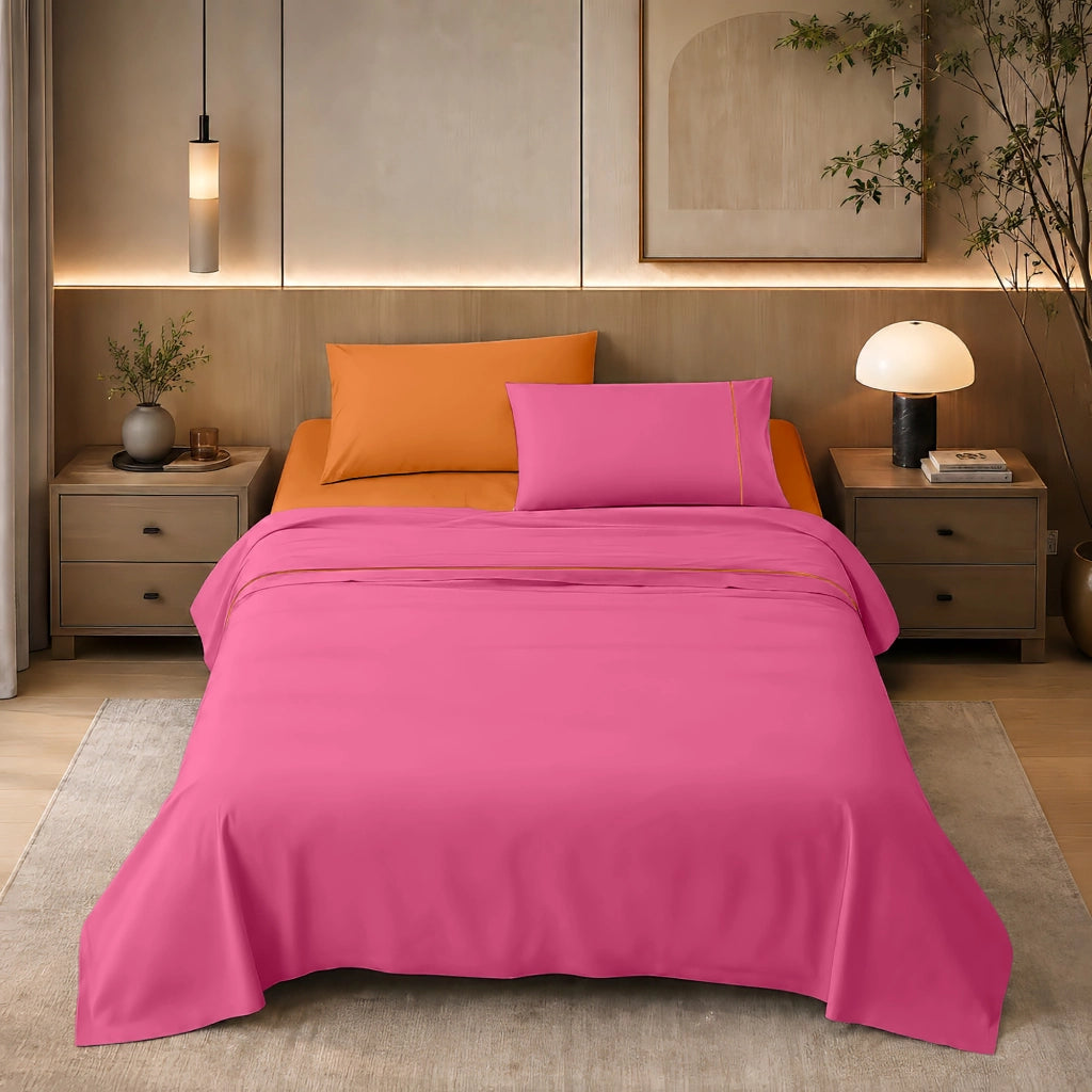 Completo Lenzuola Matrimoniale Bicolore in Tinta Unita, Cotone Certificato OEKO-TEX, Set 4 Pezzi con Lenzuolo Sopra, Sotto con Angoli e 2 Federe  Fuxia-Arancio