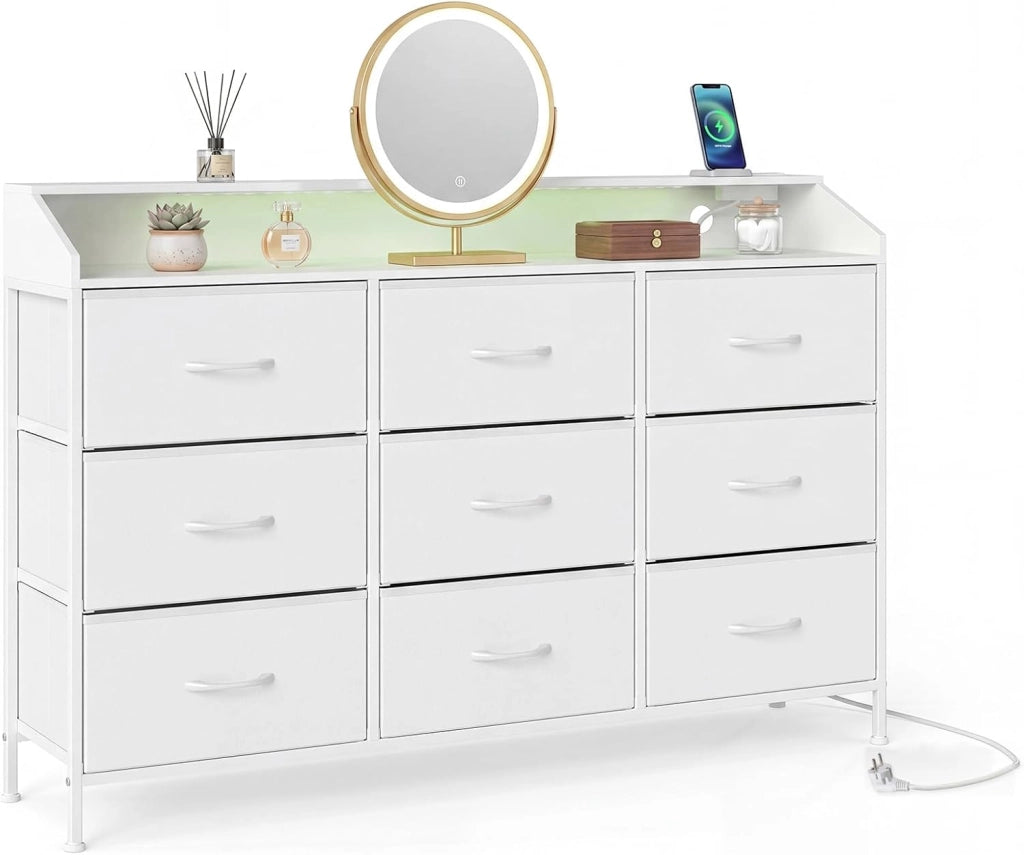 Cassettiera Camera da Letto con 9 Cassetti in Tessuto, Stazione di Ricarica e Luci LED, Cassettiera Armadio con Struttura in Metallo e 2 Dispositivi Anti-ribaltamento per Ingresso, Soggiorno