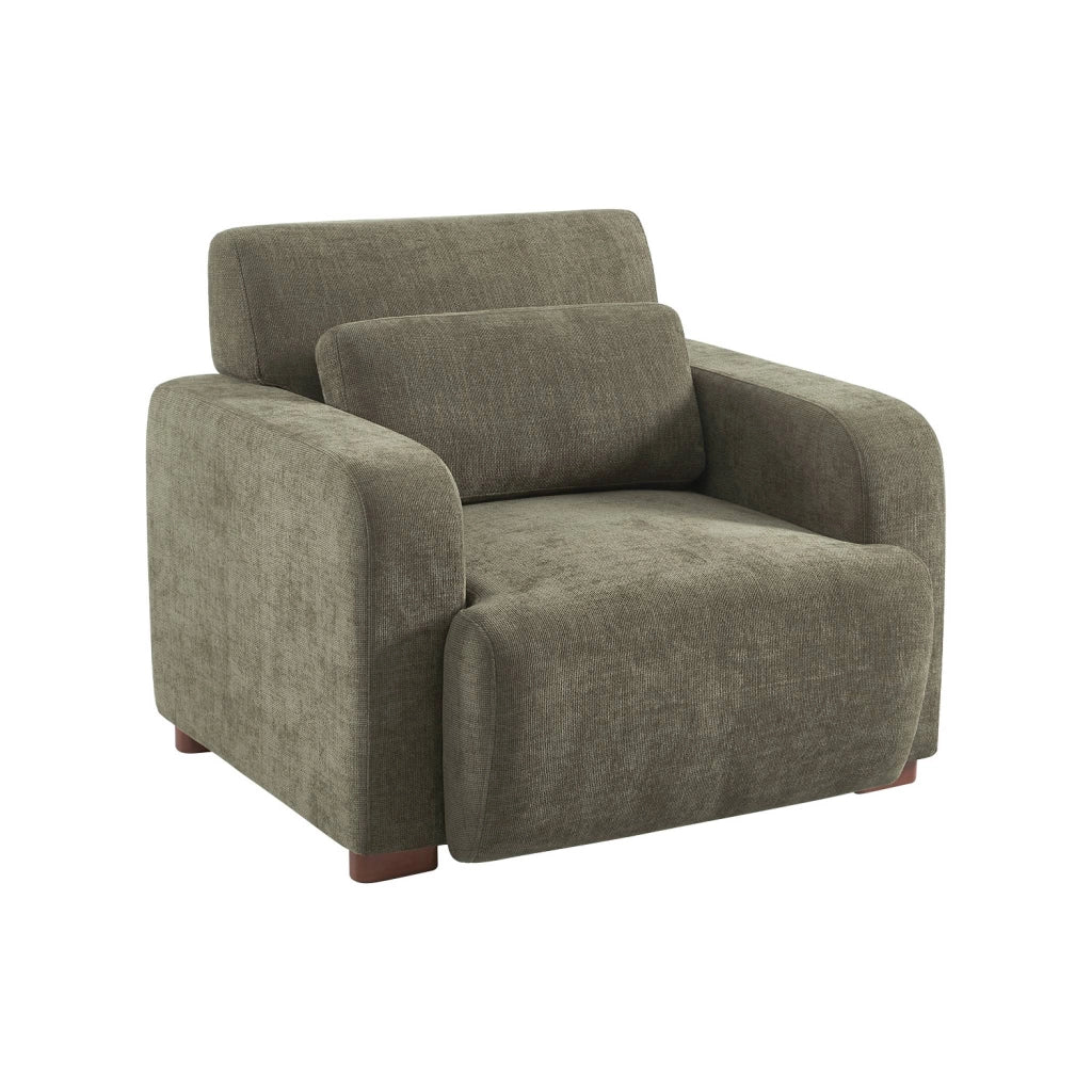 Poltrona in tessuto con gambe in legno di hevea, verde grigio