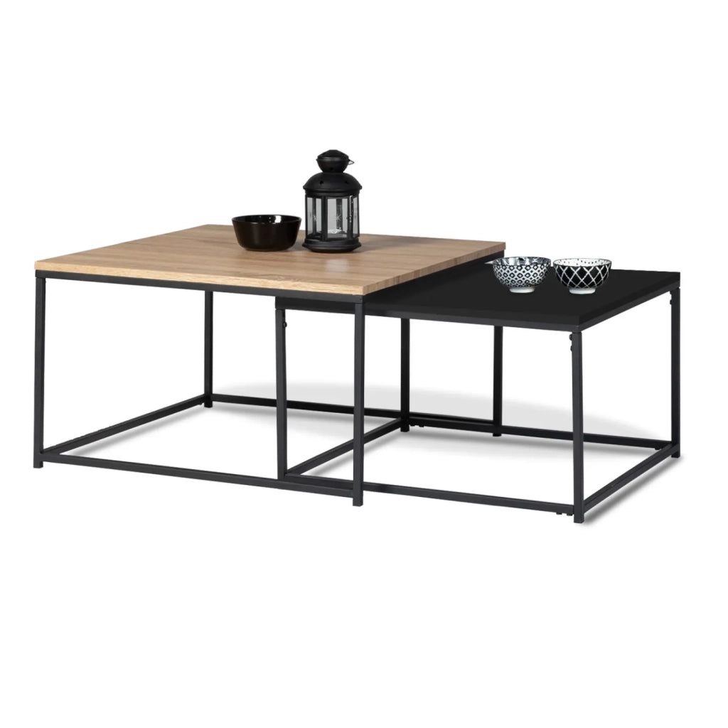 IDMarket - Set di 2 tavolini DENTON 60/70 in metallo nero e legno, design industriale