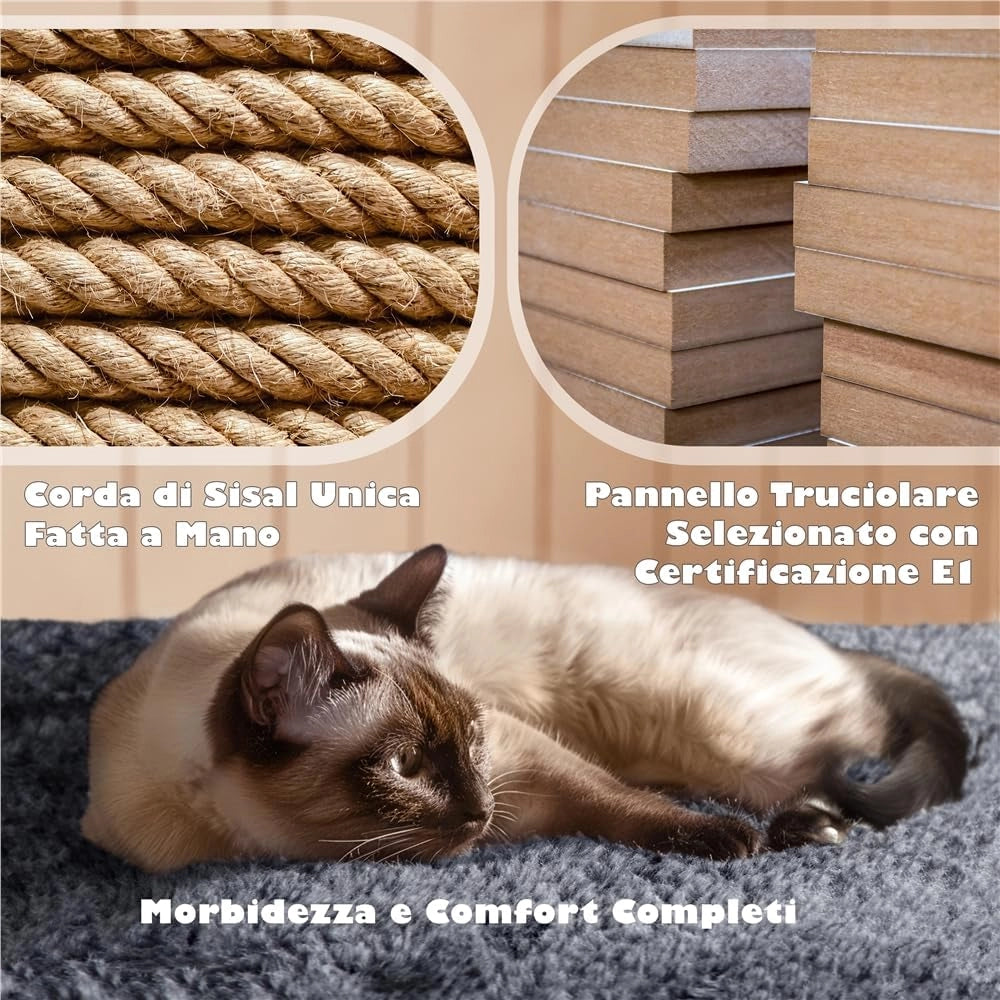 Yaheetech Albero Tiragraffi per Gatti 139 cm con 3 Pali Graffiatoi 3 Posatoi 2 Grotta 2 Pompon in Peluche a Più Livelli Giocattolo Gioco Grigio Scuro