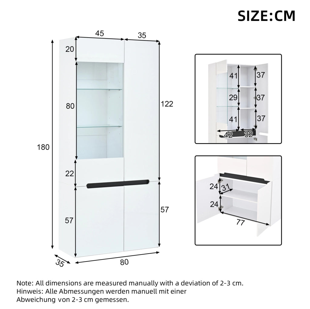 VETRINA LED 80x35x180 cm MDF Bianca, 4 ante
