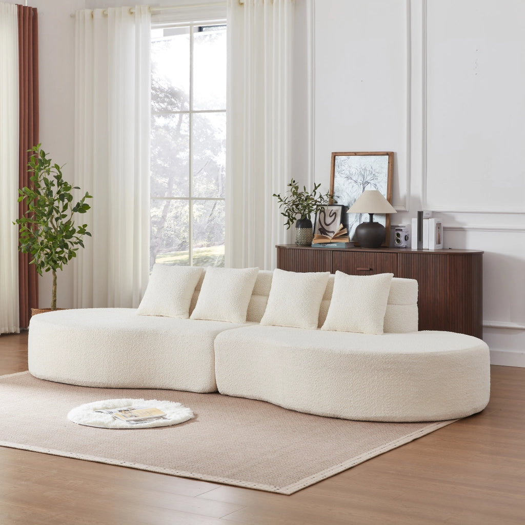 Divano modulare a 2 pezzi in schiuma con schienale a strati e design curvo, in ciniglia beige