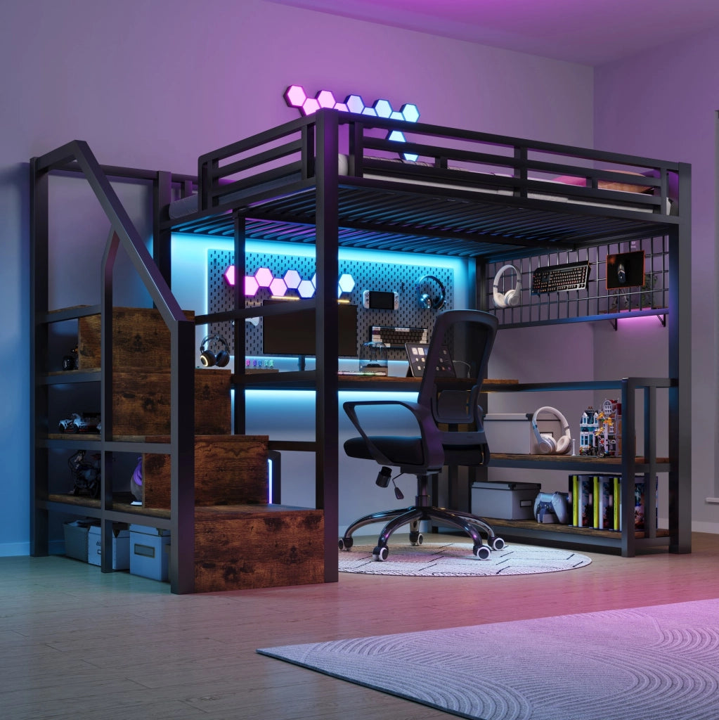 Letto a soppalco 140x200 cm in metallo e MDF nero con scrivania; ripiano; LED e USB