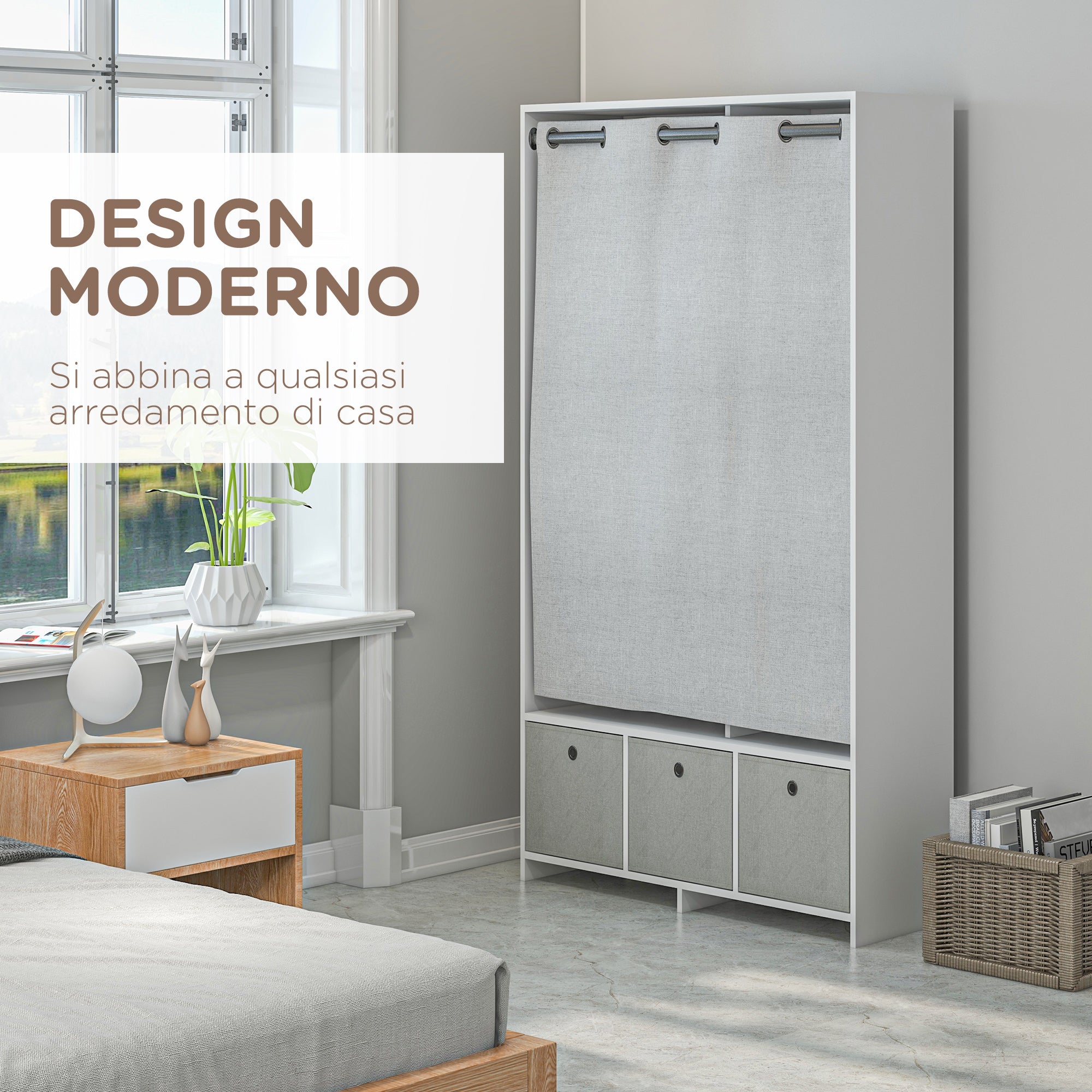 Armadio Guardaroba 105x48x160 cm con Barra Appendiabiti Ripiani e Cassetti in Legno e Tessuto Bianco e Grigio