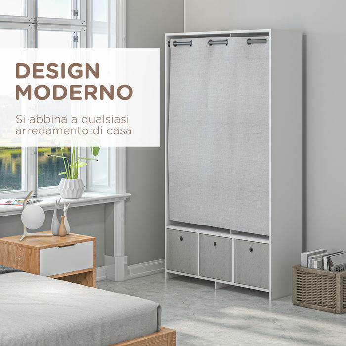Armadio Guardaroba 105x48x160 cm con Barra Appendiabiti Ripiani e Cassetti in Legno e Tessuto Bianco e Grigio