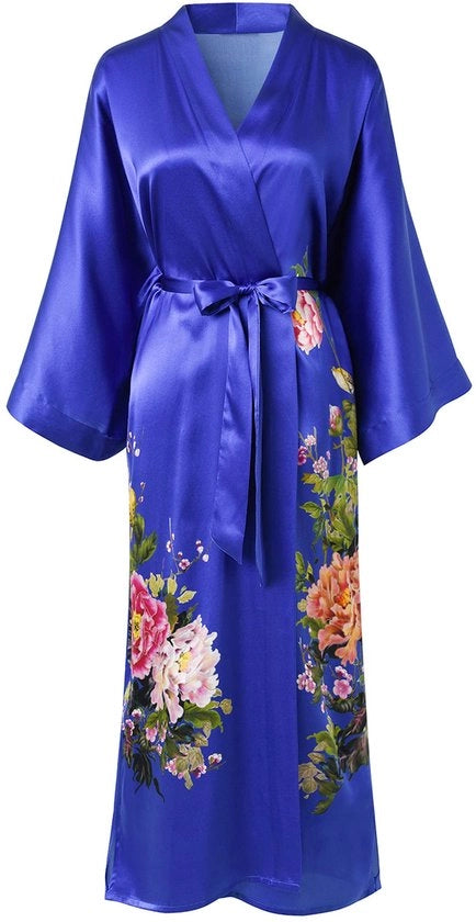 Kimono da notte in seta 100% - Camicia da camera classica con fiori - Camicia da letto (Azzurro cielo)