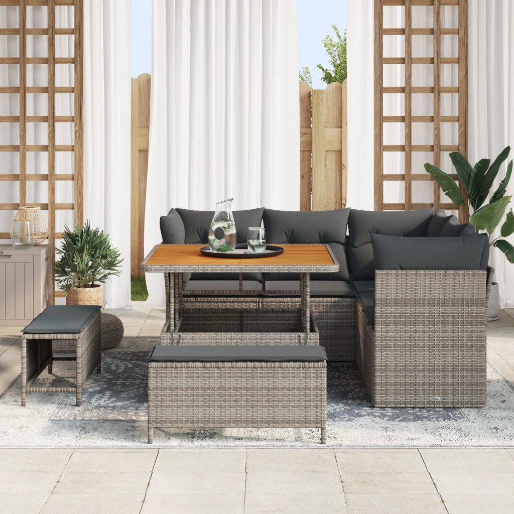 Set di Divani da Giardino 8 Pezzi con Cuscini Grigio Rattan Polietilene Acacia