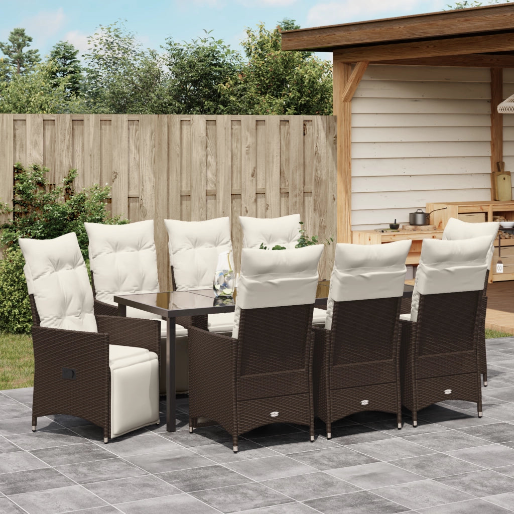 Set da Pranzo da Giardino 9 Pezzi Con Cuscini Marrone in Rattan Sintetico