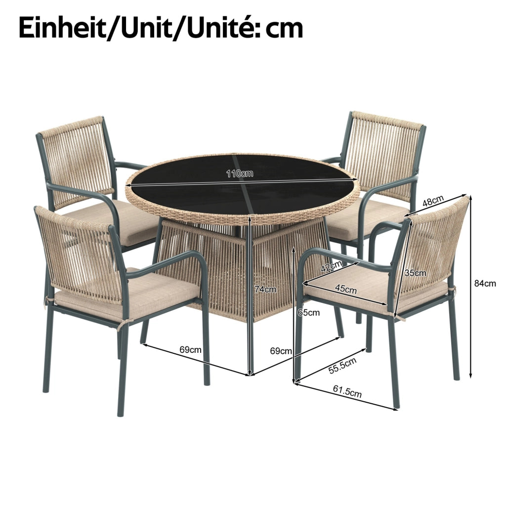 Set da giardino 5 pezzi con tavolo rotondo in vetro temperato e sedie in ferro; grigio