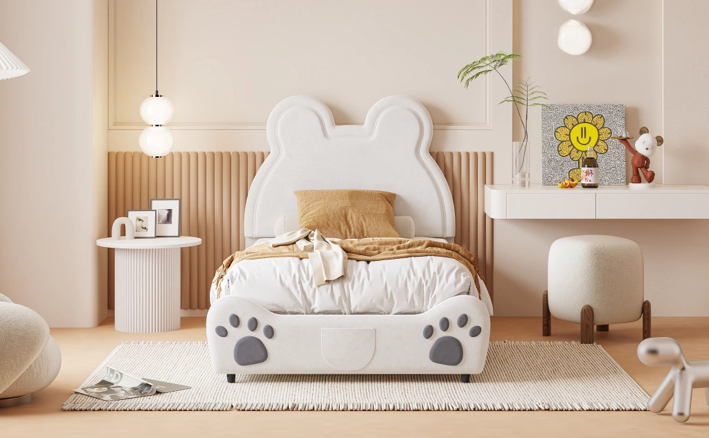 DESMIU Letto per Bambini 1 Posto con Testiera Orso, 90 × 200 cm, Senza Materasso, Bianco