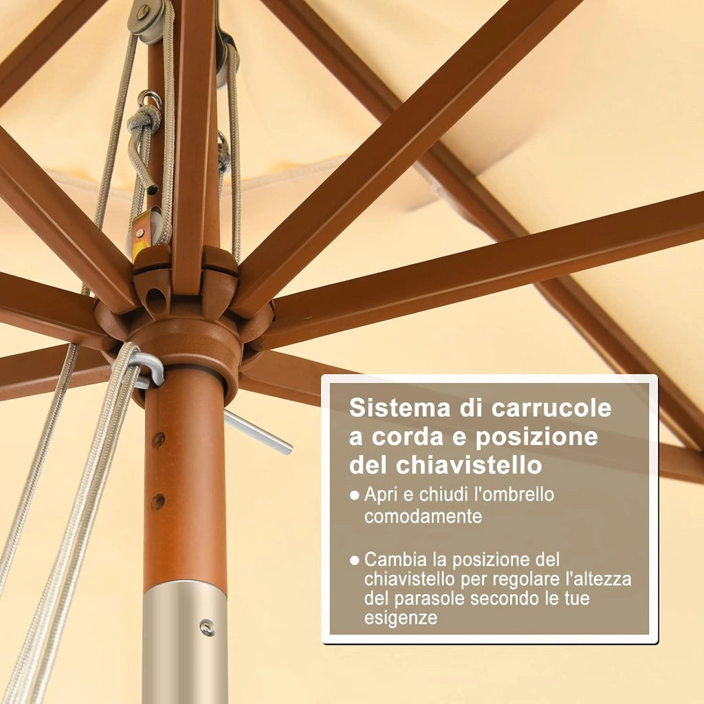 Ombrellone da Giardino 270 cm/300 cm, con Inclinazione Regolabile, 8 Stecche, Struttura di Legno a Carrucola, per Giardino Cortile Piscina (3 m)