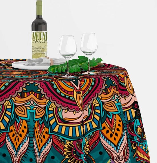 Tappeto per tavolo esterno, lavabile, circolare, 130 cm, tappeto per tavolo all'aperto, impermeabile, effetto loto, tappeto per tavolo a mandala, tappeto moderno per giardino, ristorante, ideale per 70 cm - 90 cm