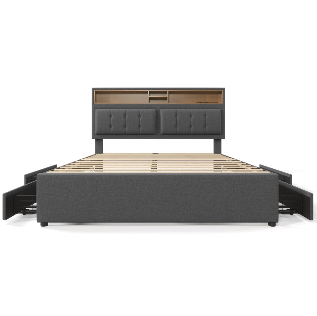 Letto matrimoniale imbottito 140x200 cm con 4 cassetti; testiera regolabile; USB e prese; grigio