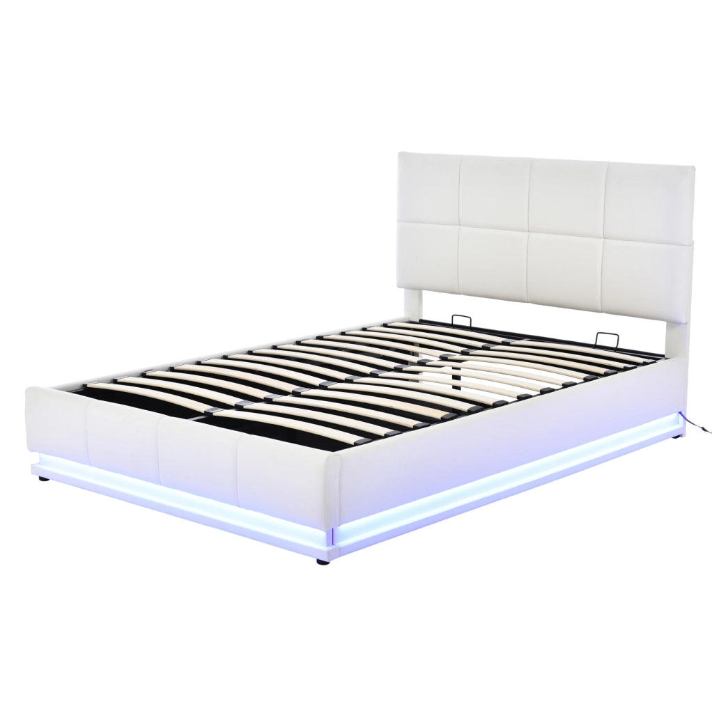Letto contenitore LED 140x200 cm in similpelle bianco