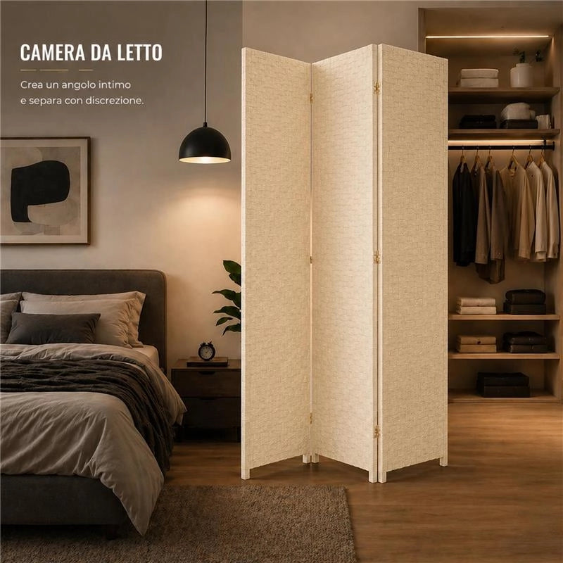 SEPARE' CON TRE PANNELLI IN PLASTICA BEIGE CON STRUTTURA IN LEGNO MISURE: 180X135CM