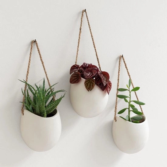 Vasi da parete, vasi da fiore in ceramica appesi, 3 pezzi, decorazione per camera, balcone e giardino, creme (matte)