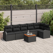 Set di divani da giardino composto da 7 pezzi con cuscini neri in rattan sintetico e acacia