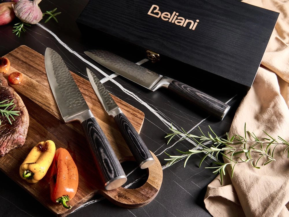 Set di 3 coltelli da cucina moderni affilati a mano, durezza 62 HRC acciaio inossidabile damasco marrone scuro
