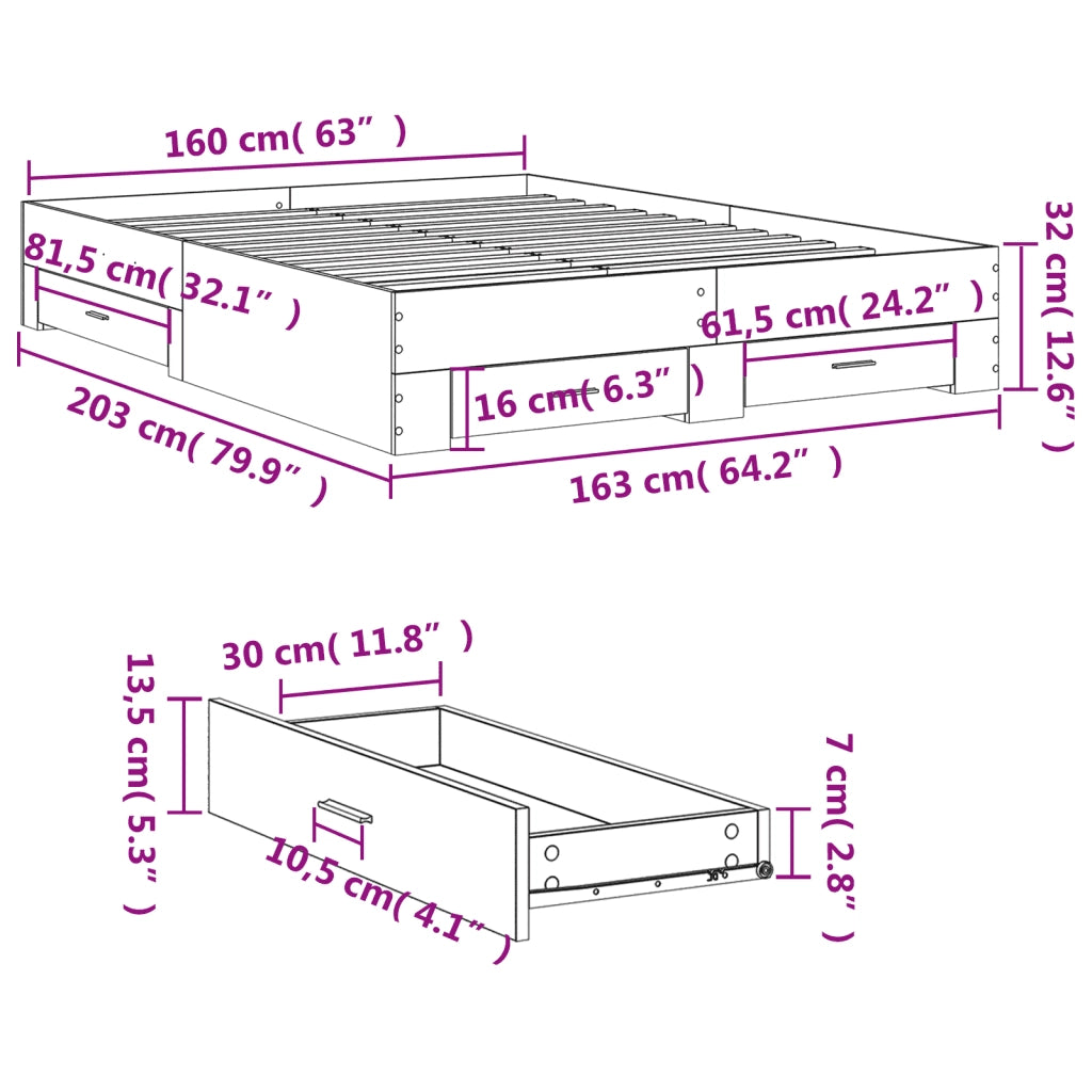 Giroletto Cassetti Grigio Cemento 160x200 cm Legno Multistrato